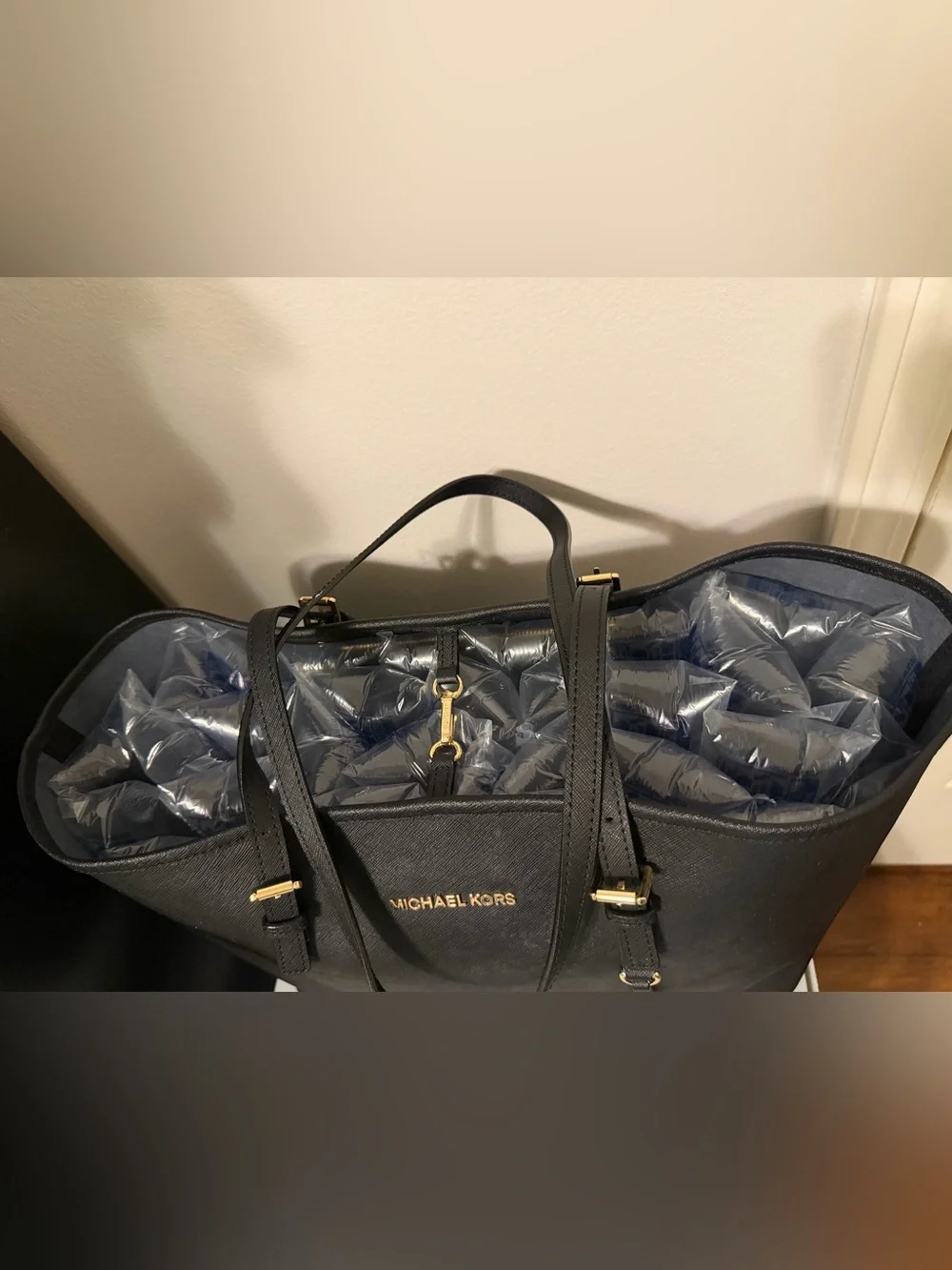 Michael Kors Black Jet Set Saffiano Leather Tote with Gold Hardware